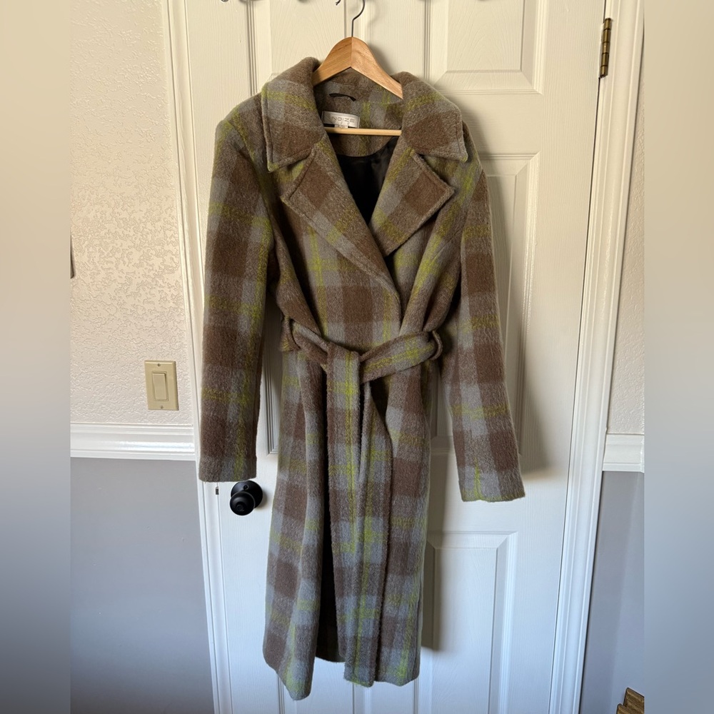 Noize Katja Long Length Vegan Wool Plaid Trench Coat,  “Leafless Tree” Colorway